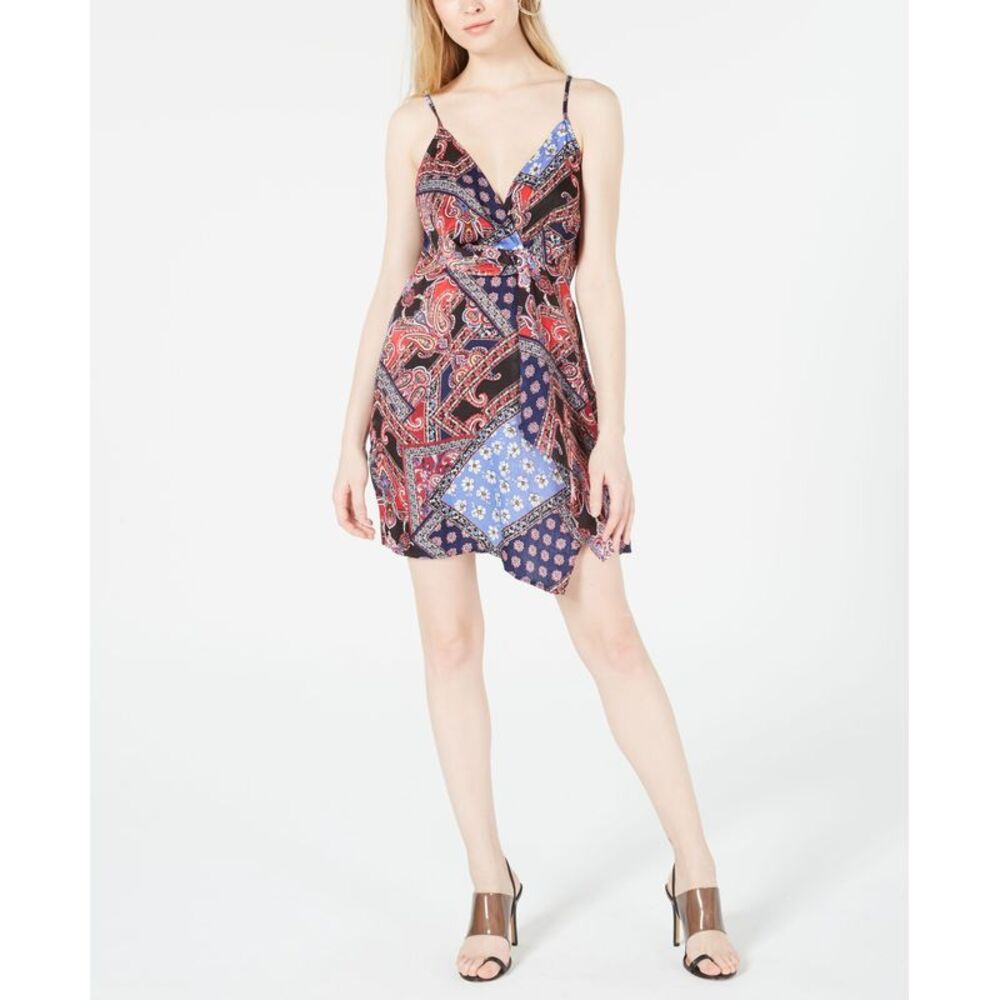 Printed Adjustable Scarf Dress Blue Patchwork Combo S